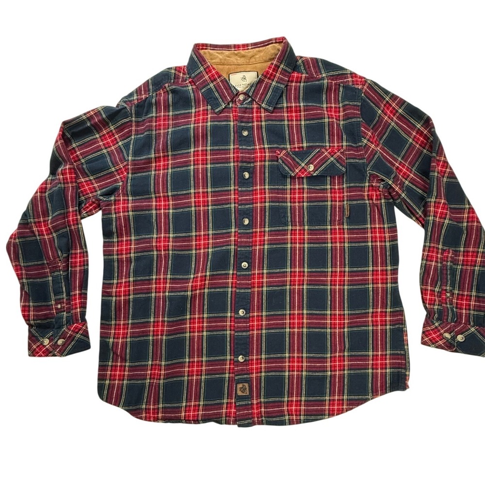 Legendary Whitetails Buck Camp FlannelShirt Mens XL Navy Red Plaid Corduroy Trim